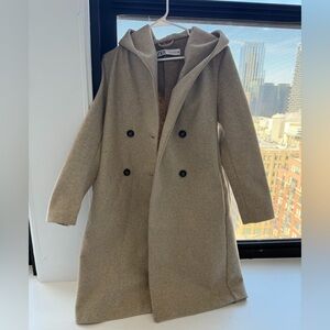 Zara tan double-breasted hooded wool overcoat
